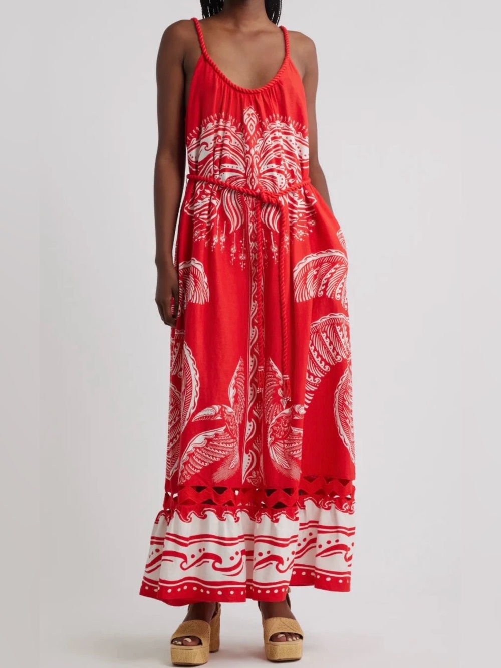 NWT Farm Rio Red Linen Blend Majestic Coconut Tree Maxi Dress Tropical Sz L